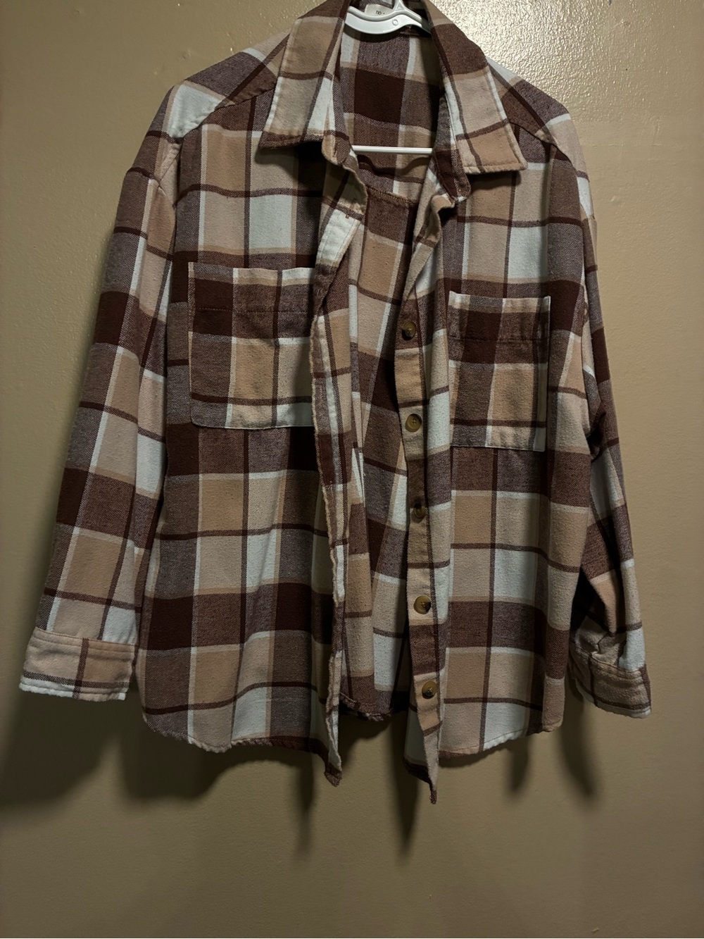Plaid Button-Down Shacket in Brown and Cream